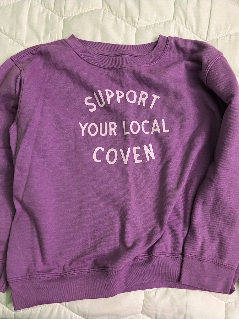 Purple Kids' Crewneck Sweatshirt with 'Support Your Local Coven' Graphic
